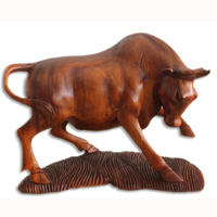 Handcarved Wooden Buffalo, Made From Suar Wood With Brown Polished