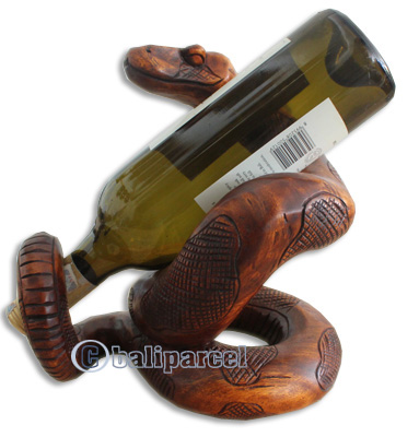 Snake Wine Bottle Holder, Hand Carved From Hibiscus Wood With Brown Polished