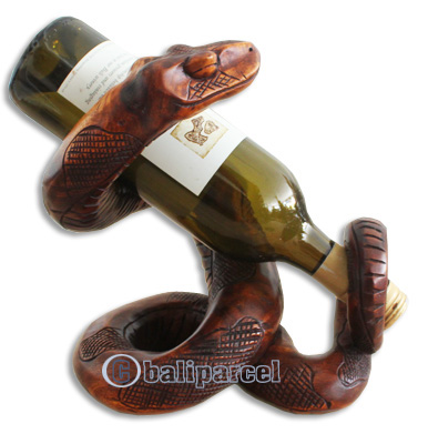 Snake Wine Bottle Holder, Hand Carved From Hibiscus Wood With Brown Polished