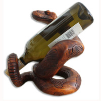 Snake Wine Bottle Holder, Hand Carved From Hibiscus Wood With Brown Polished