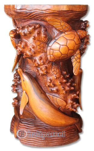 Handcarved Wooden Table With Turtle And Dolphin Made From Suar Wood