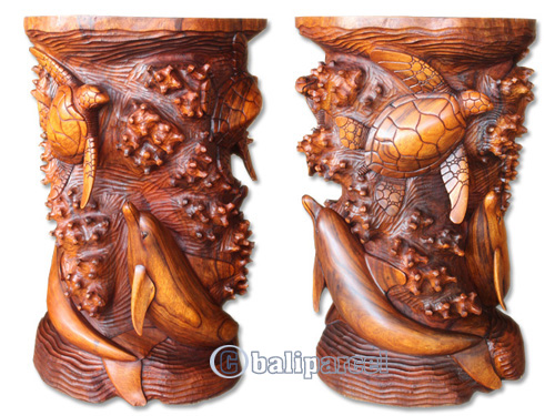 Handcarved Wooden Table With Turtle And Dolphin Made From Suar Wood