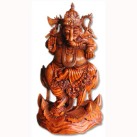 Handcarved Wooden Ganesha Statue, Made From Suar Wood Brown Polished