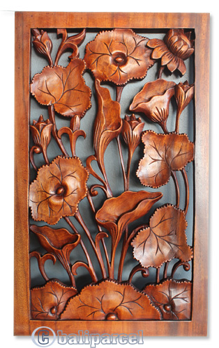 Handcarved Wooden Wallhanging Lotus, Made From Suar Wood With Brown Polished