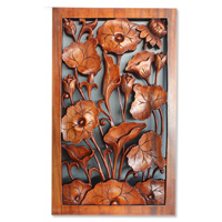 Handcarved Wooden Wallhanging Lotus, Made From Suar Wood With Brown Polished