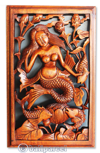 Handcarved Wooden Wallhanging Lotus With Mermaid, Made From Suar Wood With Brown Polished