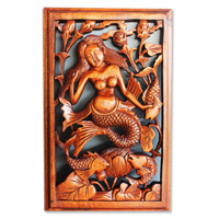 Handcarved Wooden Wallhanging Lotus With Mermaid, Made From Suar Wood With Brown Polished
