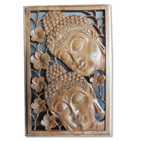 Handcarved Wooden Buddha Wallhanging, Made From Suar Wood With Natural Polished