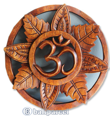 Handcarved Wooden Wallhanging, OM, Made From Suar Wood Brown Polished