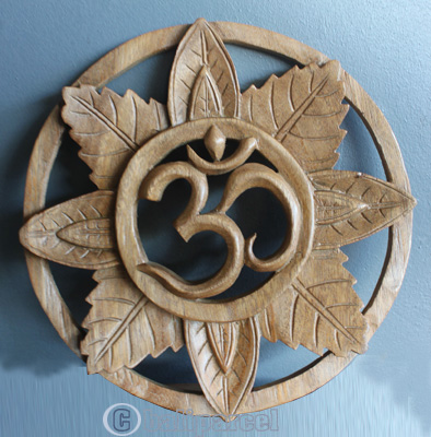 Handcarved Wooden Wallhanging, OM, Made From Suar Wood Natural Polished