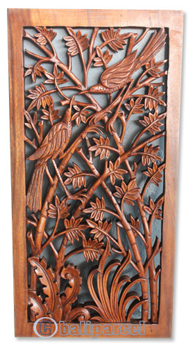 Handcarved Wooden Wallhanging, Bamboo With Bird Made From Suar Wood Brown Polished