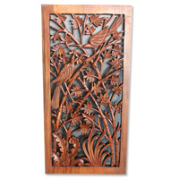 Handcarved Wooden Wallhanging, Bamboo With Bird Made From Suar Wood Brown Polished