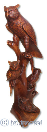 Handcarved Wooden Owl With 3 Baby, Made From Suar Wood With Brown Polished