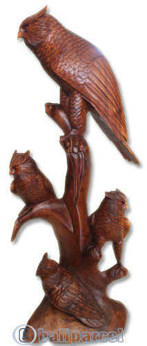 Handcarved Wooden Owl With 3 Baby, Made From Suar Wood With Brown Polished