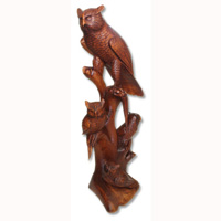 Handcarved Wooden Owl With 3 Baby, Made From Suar Wood With Brown Polished