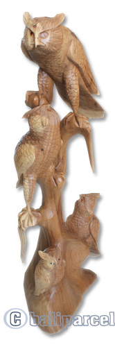 Handcarved Wooden Owl With 3 Baby, Made From Suar Wood With Natural Polished