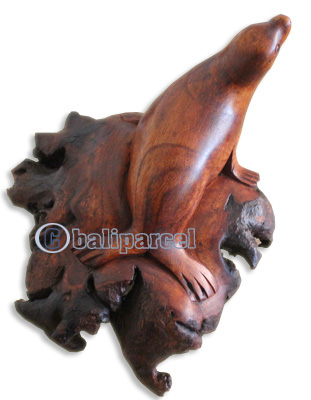 Handcarved Wooden Walrus, Made From Suar Wood With Brown Polished