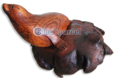 Handcarved Wooden Walrus, Made From Suar Wood With Brown Polished