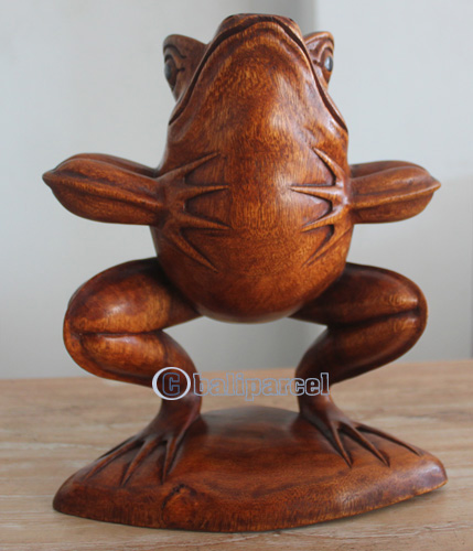 Handcarved Wooden Frog With Baby Made From Suar Wood With Brown Polished
