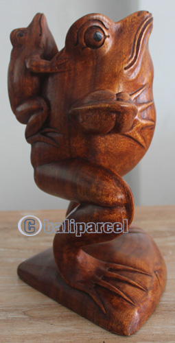 Handcarved Wooden Frog With Baby Made From Suar Wood With Brown Polished
