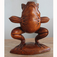 Handcarved Wooden Frog With Baby Made From Suar Wood With Brown Polished