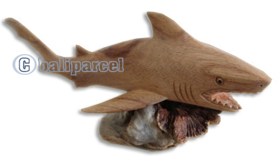 Handcarved Wooden Tiger Shark With Parasite Wood, Made From Hibiscus Wood With Natural Polished