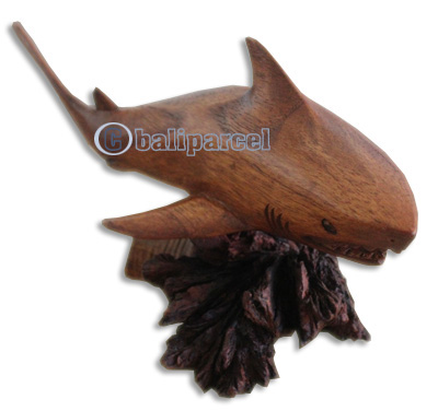 Handcarved Wooden Tiger Shark With Parasite Wood, Made From Hibiscus Wood With Brown Polished