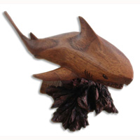 Handcarved Wooden Tiger Shark With Parasite Wood, Made From Hibiscus Wood With Brown Polished