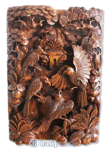 Handcarved Wooden Wallhanging, 4 Eagle Made From Suar Wood Brown Polished