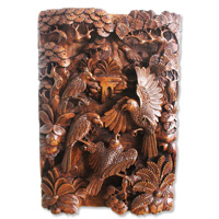 Handcarved Wooden Wallhanging, 4 Eagle Made From Suar Wood Brown Polished