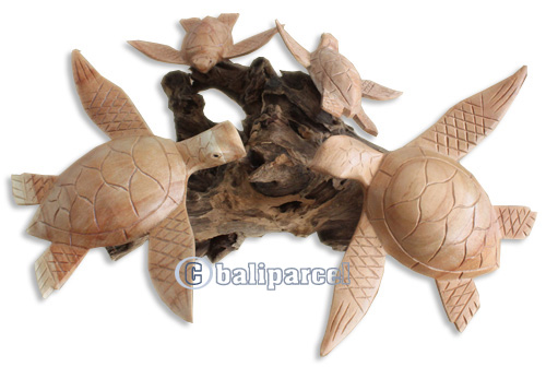Handcarved Wooden 4 Turtles On Natural Wood, Look Like Coral.