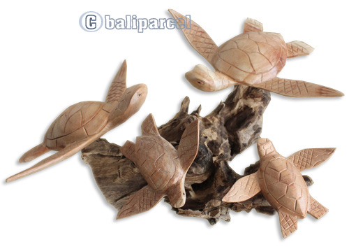 Handcarved Wooden 4 Turtles On Natural Wood, Look Like Coral.