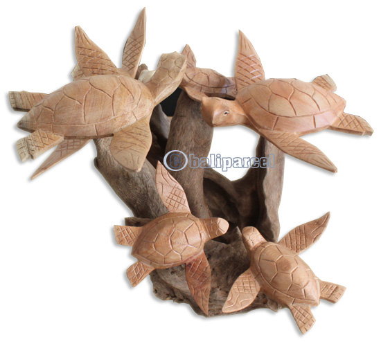Handcarved Wooden 6 Turtles On Natural Wood, Look Like Coral.