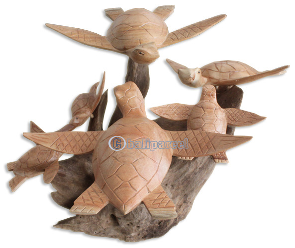 Handcarved Wooden 6 Turtles On Natural Wood, Look Like Coral.