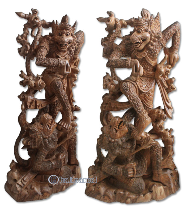 Handcarved Wooden 2 Hanoman Statue, Made From Suar Wood Natural Polished