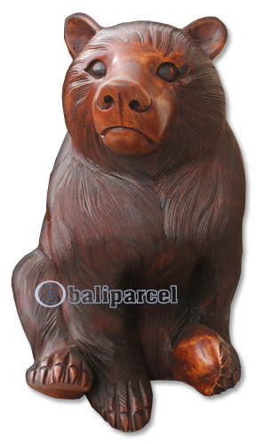 Wooden Bear, Hand Carved From Suar Wood With Brown Polished