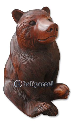 Wooden Bear, Hand Carved From Suar Wood With Brown Polished