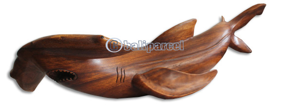 Handcarved Wooden Tiger Shark, Made From Suar Wood With Brown Polished