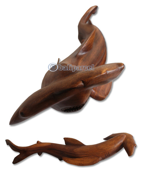 Handcarved Wooden Tiger Shark, Made From Suar Wood With Brown Polished