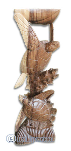 Wooden Turtle Carving With 2 Babies, Hand Carved From Suar Wood