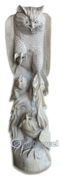 Handcarved Wooden Owl With 2 Baby, Made From Waru Wood