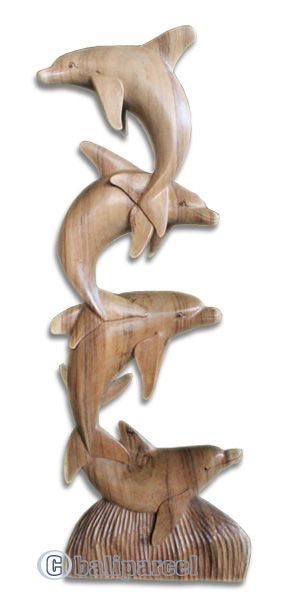 Wooden 4 Dolphins, Hand Carved From Suar Wood