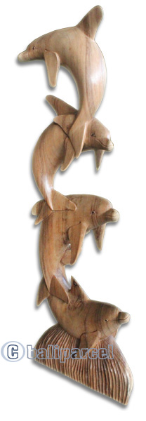 Wooden 4 Dolphins, Hand Carved From Suar Wood