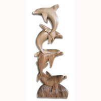 Wooden 4 Dolphins, Hand Carved From Suar Wood