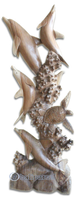 Wooden 4 Dolphins With Turtle, Hand Carved From Suar Wood