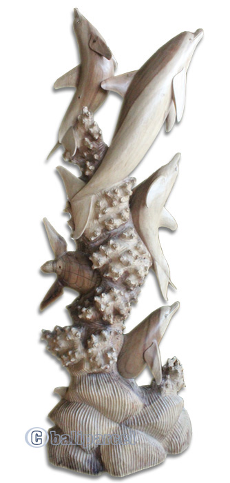 Wooden 4 Dolphins With Turtle, Hand Carved From Suar Wood