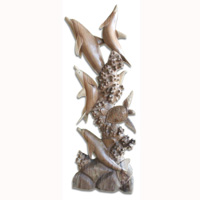 Wooden 4 Dolphins With Turtle, Hand Carved From Suar Wood