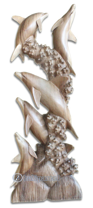 Wooden 5 Dolphins, Hand Carved From Suar Wood