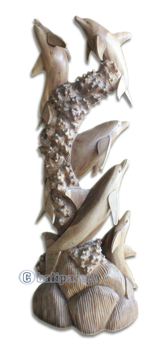 Wooden 5 Dolphins, Hand Carved From Suar Wood