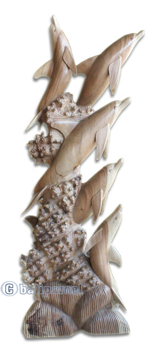 Wooden 5 Dolphins, Hand Carved From Suar Wood
